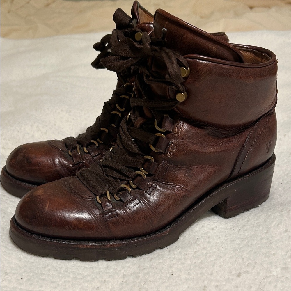 Frye Dark Brown Lace Up Leather Boots